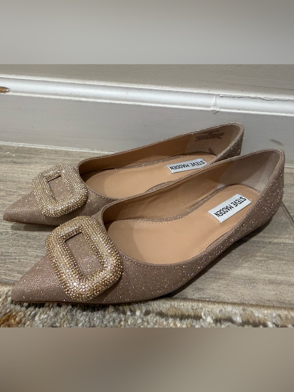 Steve Madden Champagne Glitter Pointed Toe Flats with Embellished Buckle